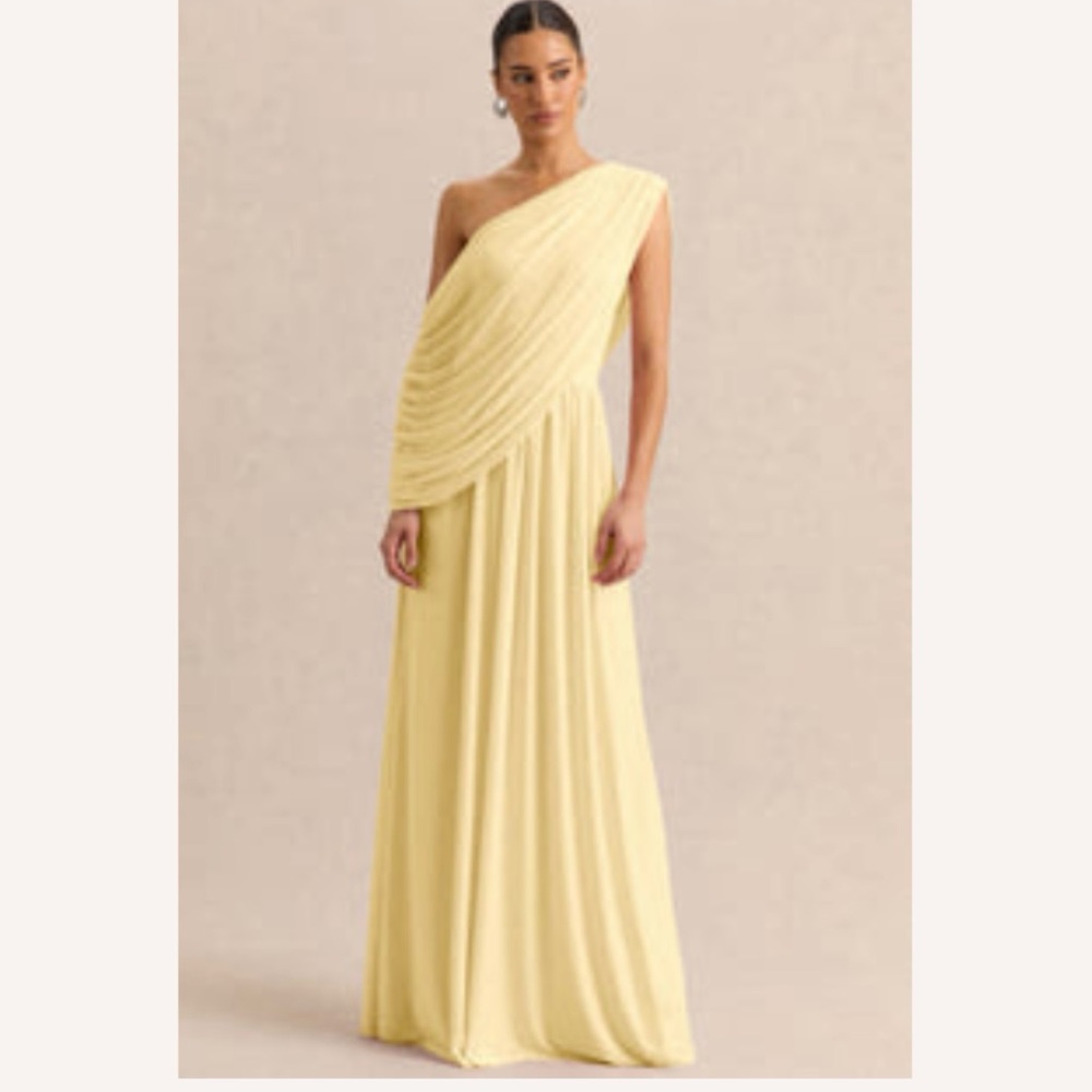 One-Shoulder Yellow Maxi Dress with Draped Bodice
